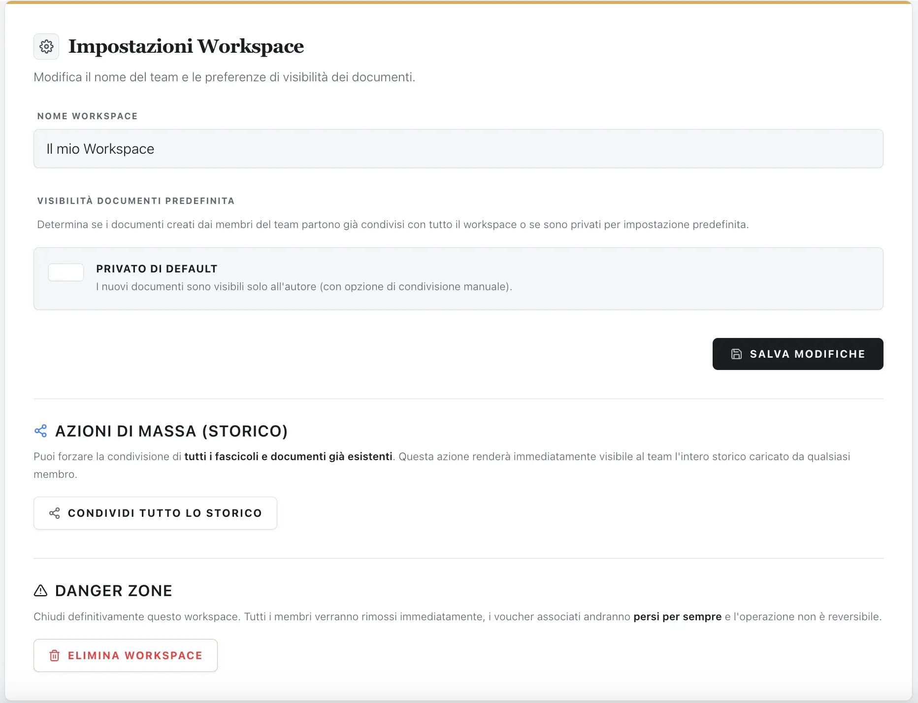 Pannello di gestione del team e del workspace condiviso di Jurio